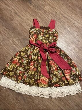 Persnickety Floral and lace kids dress with burgundy bow